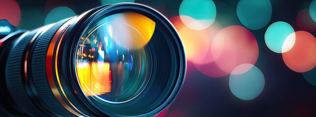 Close-up view of a camera lens capturing a vibrant night scene