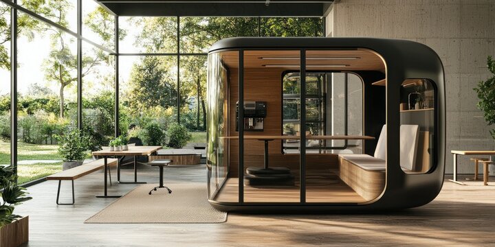 Food-tech startup office with open benches, a communal kitchen, and a glass meeting pod