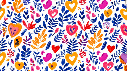 Colorful Floral Pattern with Hearts and Leaves