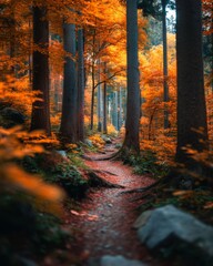 Tranquil forest trail lined with autumn foliage, orange and yellow leaves, soft diffused light, peaceful mood, natural wilderness path 