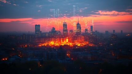 Madrid skyline at dusk with transparent Spain flag overlay glowing financial charts in sky futuristic data streams economic growth narrative
