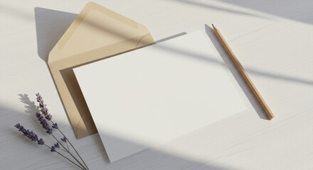 Blank paper with envelope pencil and lavender sprigs on white surface