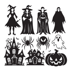 silhouette set of Halloweens, black color only, on white background