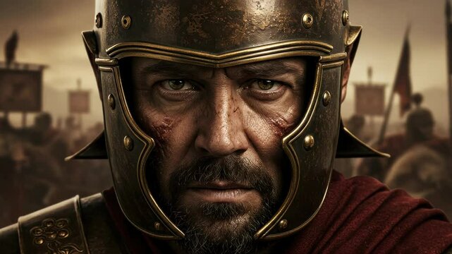 Epic battle scene of Roman legionnaire preparing for war in ancient times