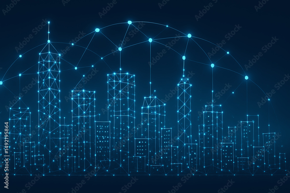 Poster a digital representation of a futuristic city skyline, illuminated with neon lights and connected by