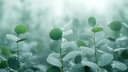 Dewy eucalyptus leaves in soft light