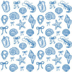 Seamless marine life pattern with seashells, starfish, and shrimp. Hand drawn vector illustration
