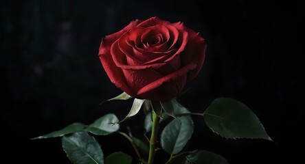 Naklejka premium A close-up of a red rose on a black background, captured in soft light, emphasizing its delicate petals and rich color. 