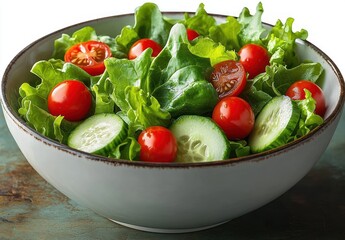 Fresh green leafy salad with cherry tomatoes and sliced cucumbers in a ceramic bowl, showcasing vibrant and healthy vegetables