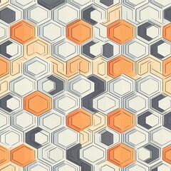Abstract geometric pattern of hexagons with shades of orange, beige, and gray creating a layered and textured three-dimensional effect