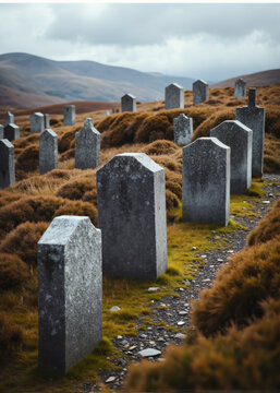 Lonely Highland Cemetery in Windswept Grasslands with Weathered Gravestones, Remote Burial Ground under Moody Sky with Distant Mountains and Dry Vegetation