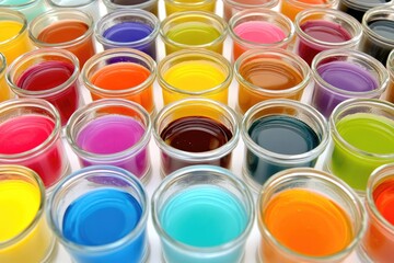 Colorful liquids in small glass containers arranged in a grid pattern  Various hues and shades of color, including reds, oranges, yellows, greens, blues, purples, and browns