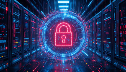 Obraz premium Glowing Padlock Icon in Server Room: Data Security Digital Future.