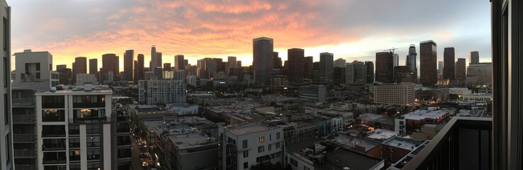 Sunset over a sprawling city skyline