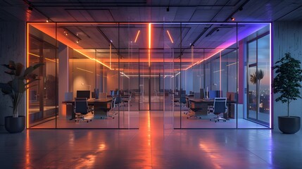A futuristic office space bathed in the warm and cool of illuminated lights. Designed with glass walls. Highlighting minimalist furniture. Capturing the spirit of collaborative work.