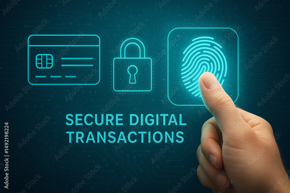 Poster a hand interacting with a digital interface symbolizing secure transactions, featuring a fingerprint