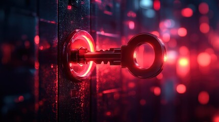 Key unlocking a dark, glowing door