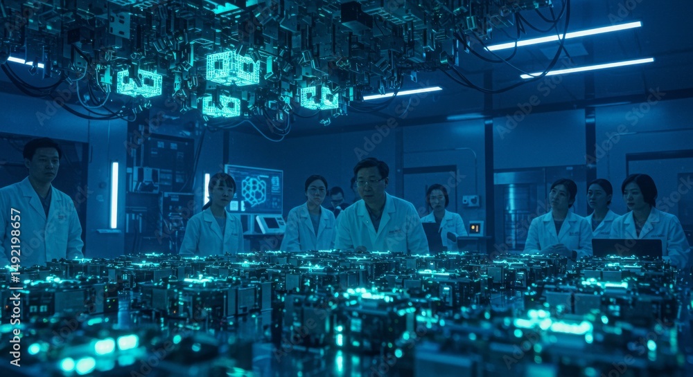 Poster team of researchers inspects a large array of advanced computer hardware