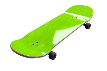 Shiny light green skateboard with black wheels, cut out transparent