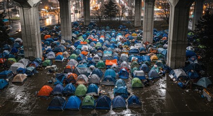 Tents form a large encampment under a bridge, revealing urban homelessness crisis