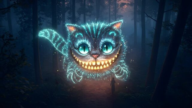 Glowing Cheshire Cat Figure Smiles in Dark Forest with Approaching Person