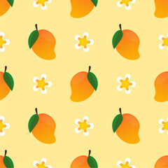 Vector seamless pattern with mango fruits. Summer tropical fruits on a white background.
