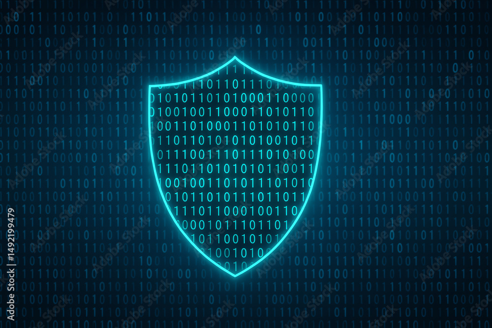 Aufkleber a digital shield over binary code represents cybersecurity, illustrating the importance of protectio