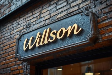 Obraz premium Close-up of a rectangular black sign with raised golden cursive letters on a brick wall background