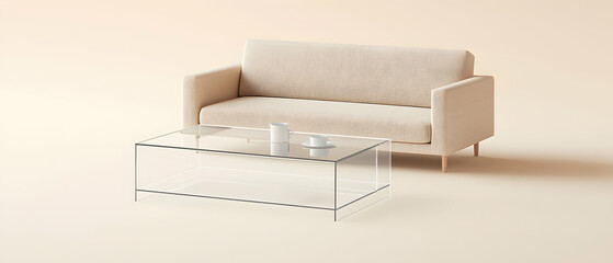 Beige Patterned Sofa and Clear Glass Coffee Table In Empty Living Room