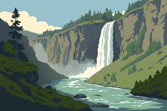 Towering waterfall plunging into deep gorge vector illustration