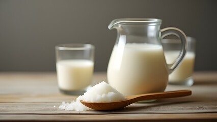 Milk Powder in Wooden Spoon with Milk in Glass Pitcher and Glasses