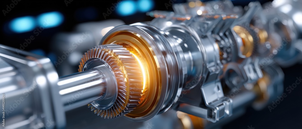 Poster Close-up of a metallic mechanical component with intricate details and glowing elements, showcasing advanced engineering and technology.
