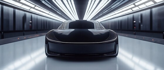 matte black concept car standing alone on white glossy floor inside futuristic showroom aerial perspective minimal lines strong symmetry