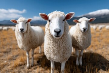Fototapeta premium Curious sheep standing together in a sunny field with mountains in the background during midday