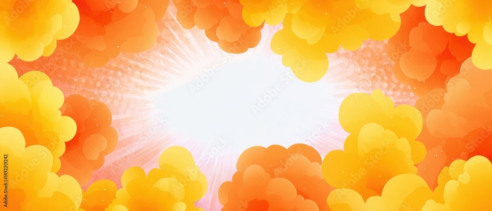 Poster bright, abstract explosion of orange and yellow clouds radiating outward, creating a dynamic and ene