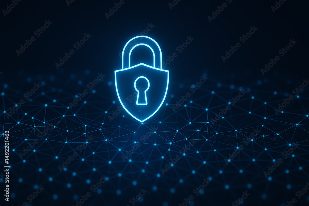 Poster this image showcases a glowing blue lock icon against a dark digital background, representing cybers