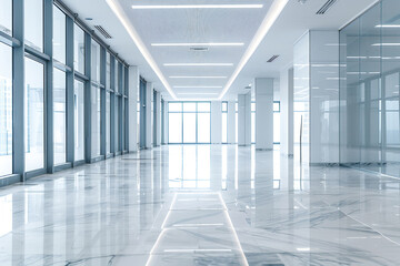 Obraz premium Sleek, modern corridor with glass walls, polished marble floor, and abundant natural light streaming in.