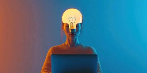 Person with lightbulb head labeled AI and blue laptop, futuristic surreal art