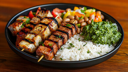 Grilled Skewers With Rice And Beans On Wooden Table