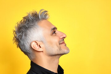 Fototapeta premium A man with timeless beauty and confidence. Yellow solid background. Visual design of style for aging men. Modish men's wavy fringe haircut - midlife middle eastern man with short hair.