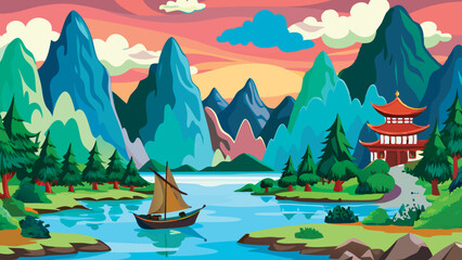 Watercolor painting of a serene lake with mountains, forest, and boat. Scenic landscape with sea, rocks, and calm water. Perfect concept for decoration, prints, and nature themes