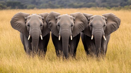 Fototapeta premium Four elephants, savanna grassland, facing camera, hills background, wildlife documentary