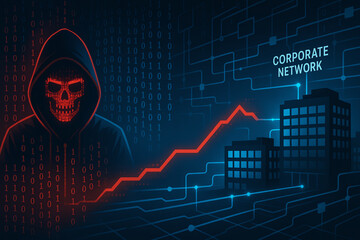 A digital illustration depicting a hacker in a hooded sweatshirt, represented with a skull overlay