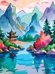 Watercolor painting of a serene lake with mountains, forest, and boat. Scenic landscape with sea, rocks, and calm water. Perfect concept for decoration, prints, and nature themes