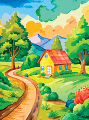 Watercolor painting of a small village house on a hill with mountain and sky. Peaceful landscape sketch perfect for backgrounds, postcards, interior decoration, and prints
