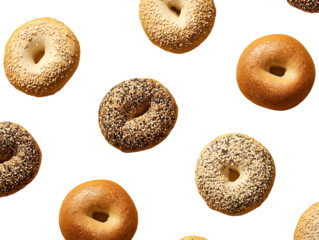 Overhead View of Assorted Bagels with Sesame and Poppy Seeds on Transparent Background, PNG