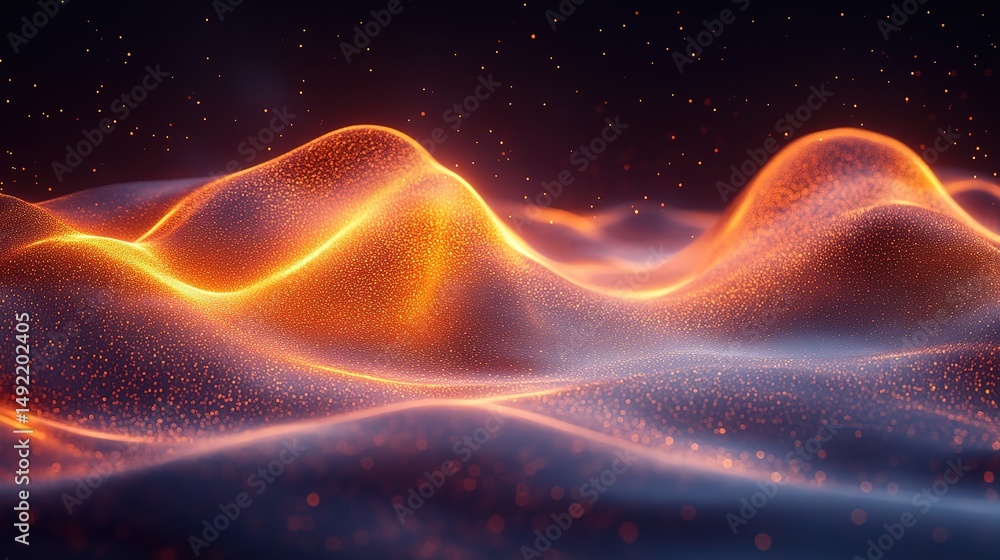 Poster glowing orange wave lines flowing across dark background with futuristic style, dynamic motion effec