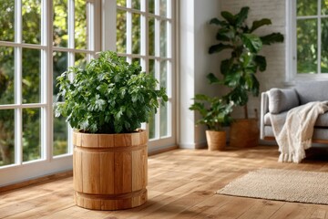 Indoor garden with a leafy herb plant in a wooden container beside large windows on a sunny day
