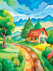 Watercolor painting of a small village house on a hill with mountain and sky. Peaceful landscape sketch perfect for backgrounds, postcards, interior decoration, and prints