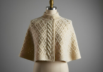Handcrafted Knitted Cape with Intricate Cable Patterns - Cozy Winter Fashion Sweater